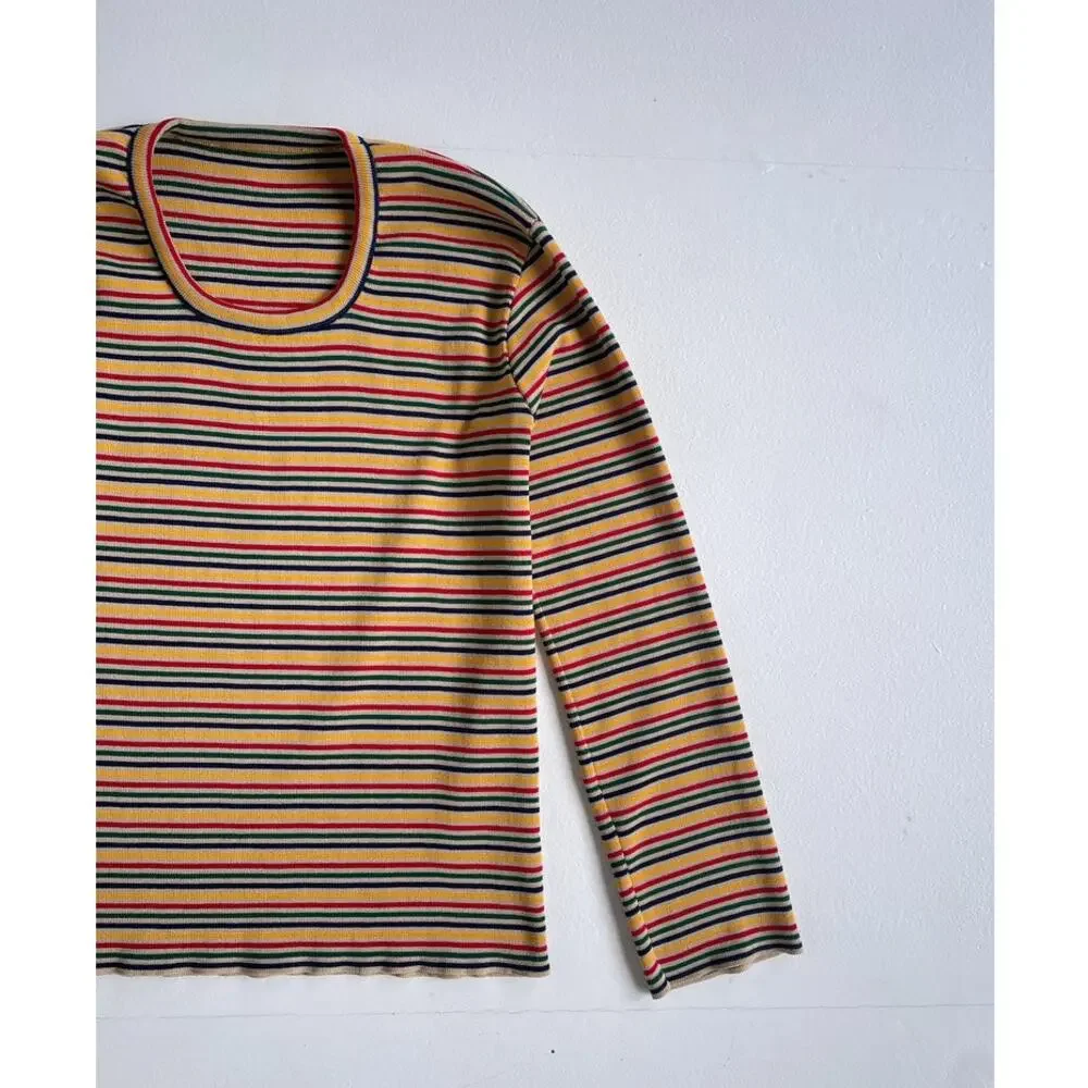 Vtg 70s Colorful Striped Knit Long Sleeve Shirt / Womens / Sz M / Stretchy Poly